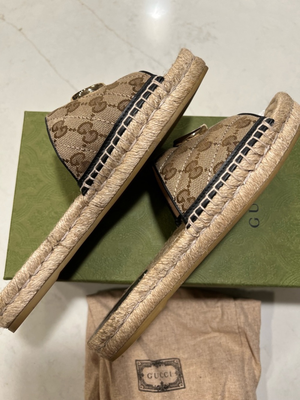 Gucci Brown/Beige GG Canvas Espadrille Slides with Gold Double G - Picture 4 of 16